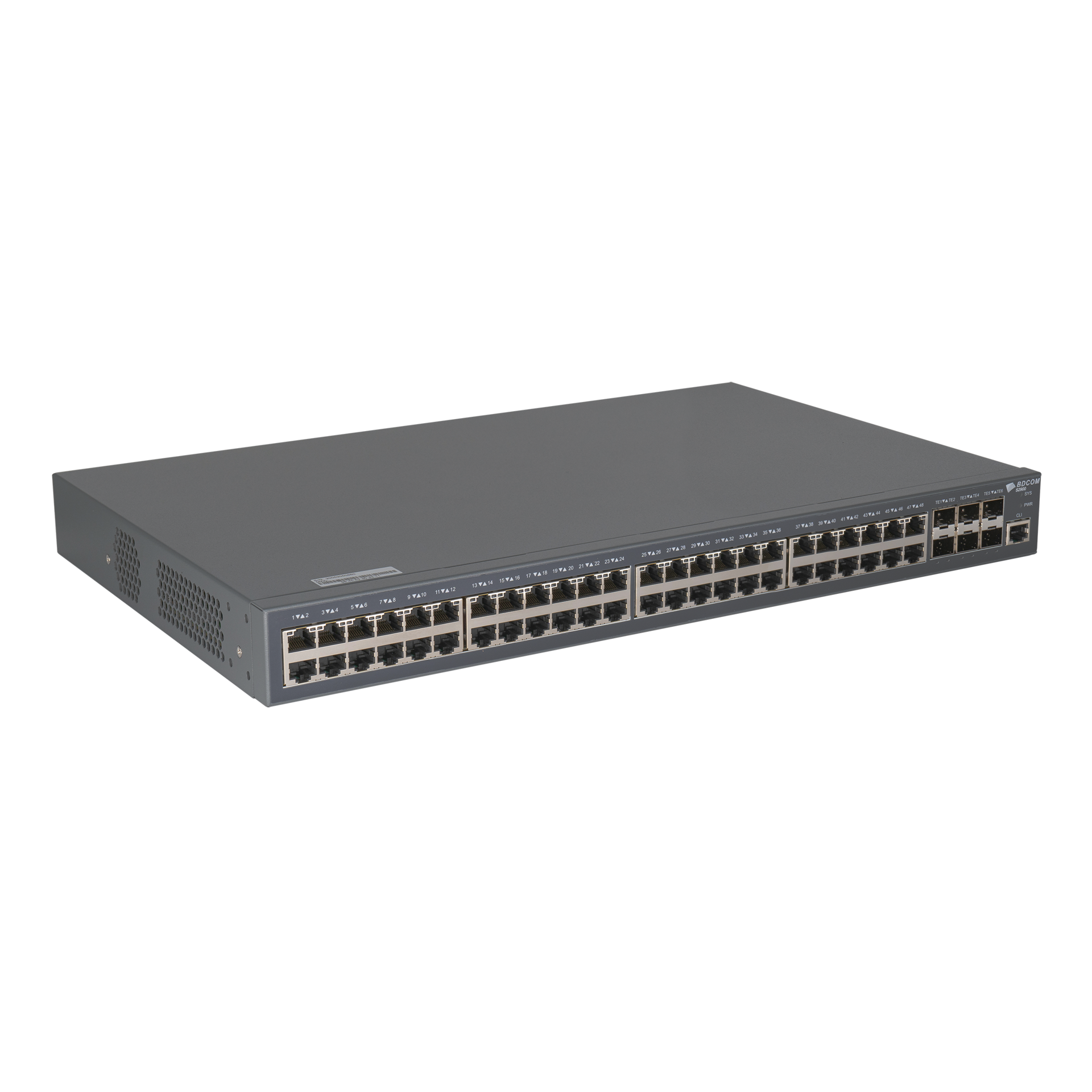 Управляемый коммутатор уровня 3 BDCOM S2900-48P6X, 48x 10/100/1000BaseT PoE 802.3af/at до 740W, 4x 1/10GE SFP+, 220VAC + 44-57VDC