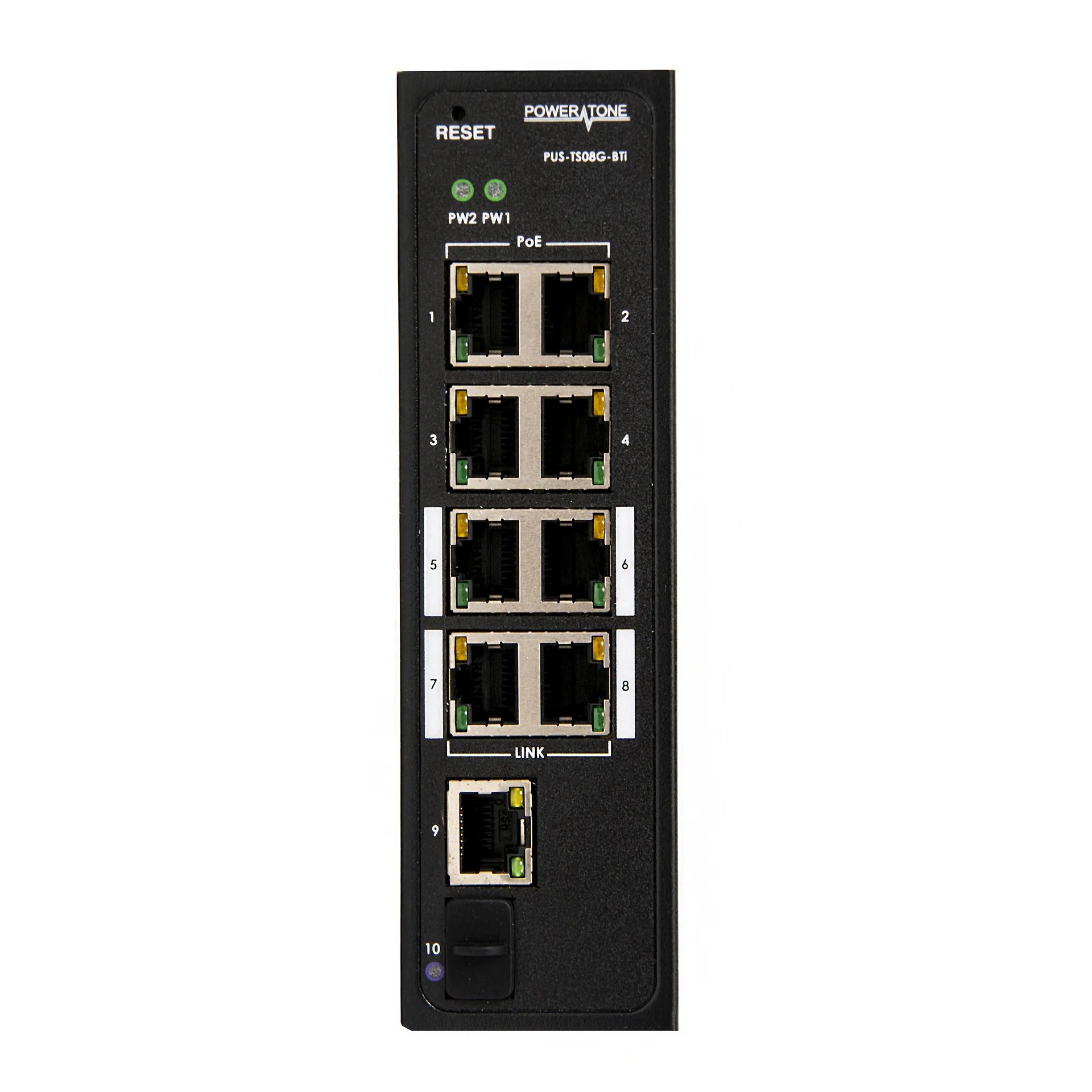 Неуправляемый промышленный 8 портовый PoE коммутатор POWERTONE PUS-TS04G-BTi с 4 портами до 90Вт