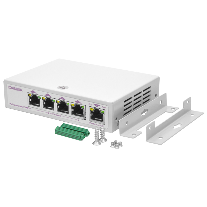 PoE коммутатор/удлинитель интерфейса Ethernet 10/100/1000Mbs PEXT 1/4. 4 PoE выхода, 1 PoE вход, совм. с 802.3af/at, до -40С (после сервиса)