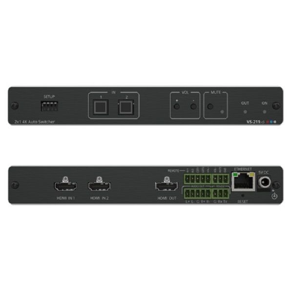 Коммутатор 2х1 HDMI с автоматическим переключением и встроенным контроллером Maestro; коммутация по наличию сигнала, поддержка 4K60 4:4:4, CEC, деэмбедирование аудио Kramer Electronics VS-211XS