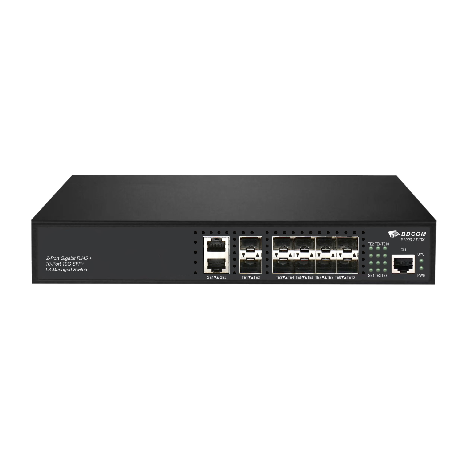 Управляемый коммутатор уровня 3 BDCOM S2900-2T10X, 2x 10/100/1000Base-T, 10x 1/10GE SFP+, ~220V AC