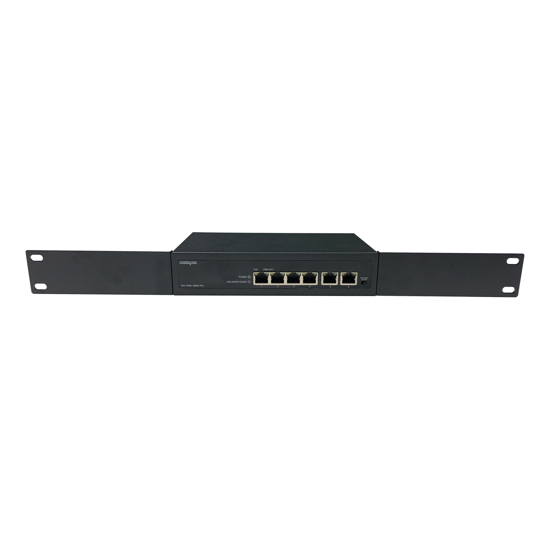 Неуправляемый 4 портовый PoE коммутатор POWERTONE PUS-TT04L-60RM Plus с изоляцией портов и возможностью установки в стойку