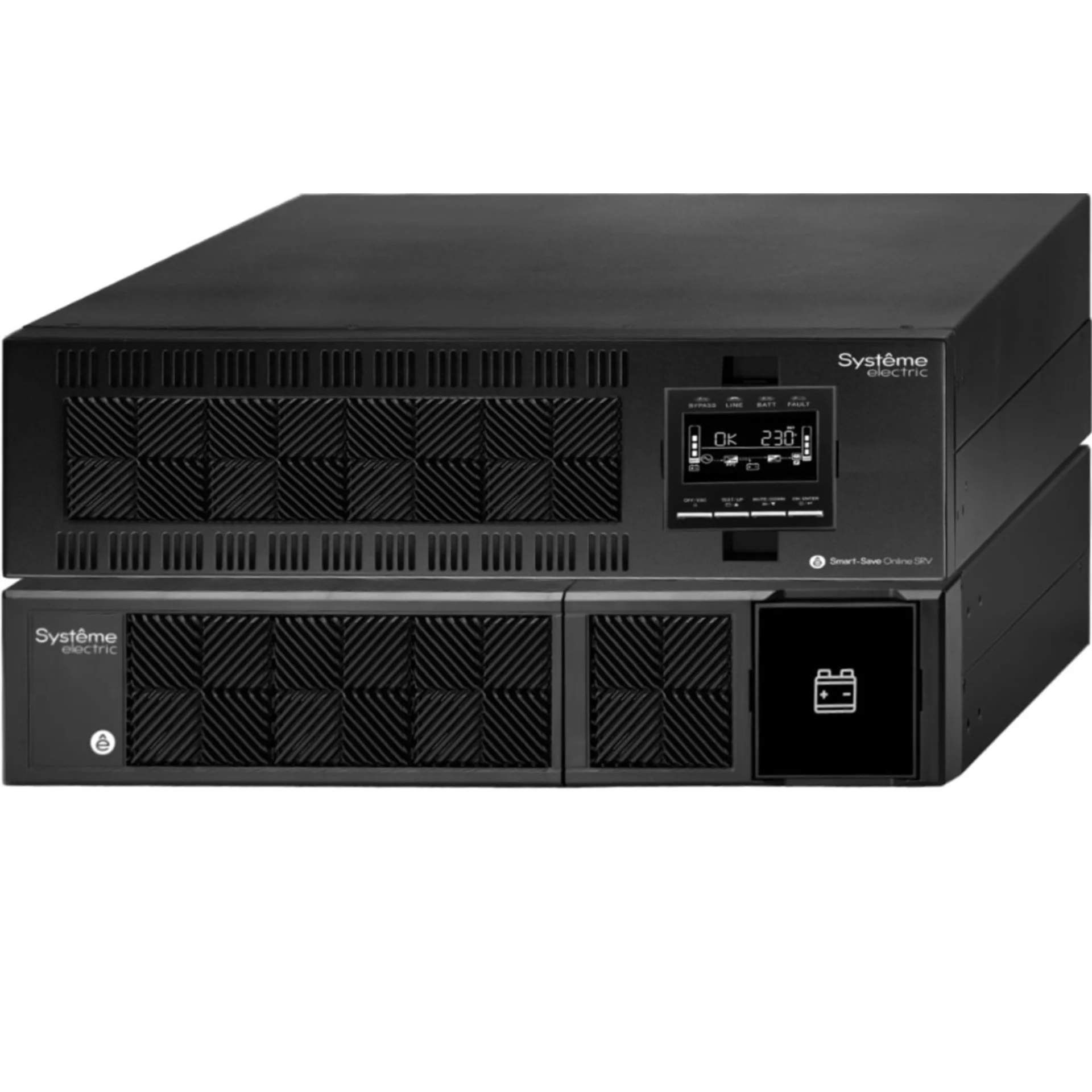 Smart-Save Online SRV Systeme Electric 10000 ВА, монтаж в стойку 5U, 230 В, 1:1, клеммный вход/выход, SmartSlot, LCD, USB, версия с возможностью увели