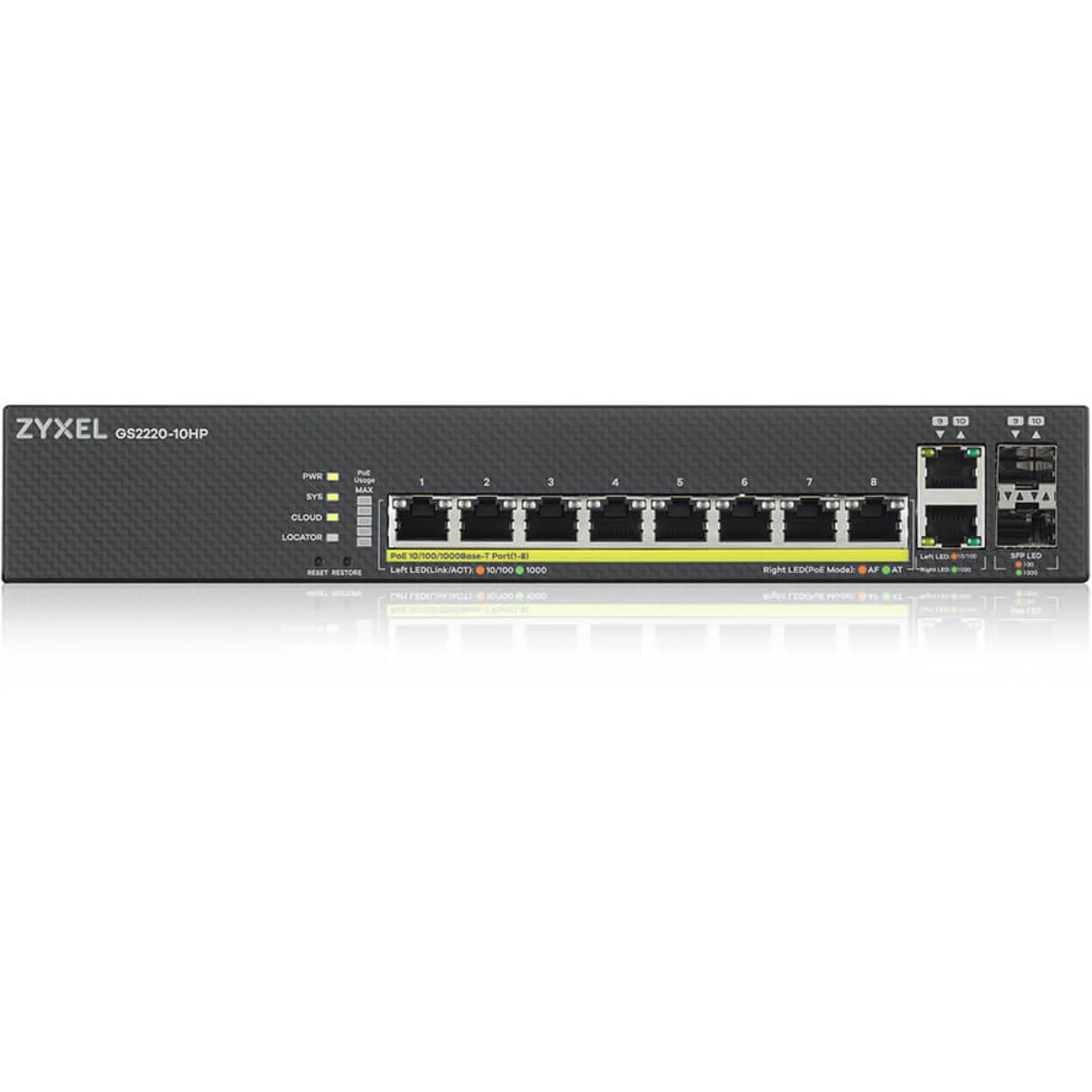 Коммутатор ZYXEL NebulaFlex Pro GS2220-10HP Hybrid L2 PoE+ Switch, 19 "rack, 8xGE PoE+, 2xCombo (SFP / RJ-45), 180W PoE Budget, Standalone / Cloud Man