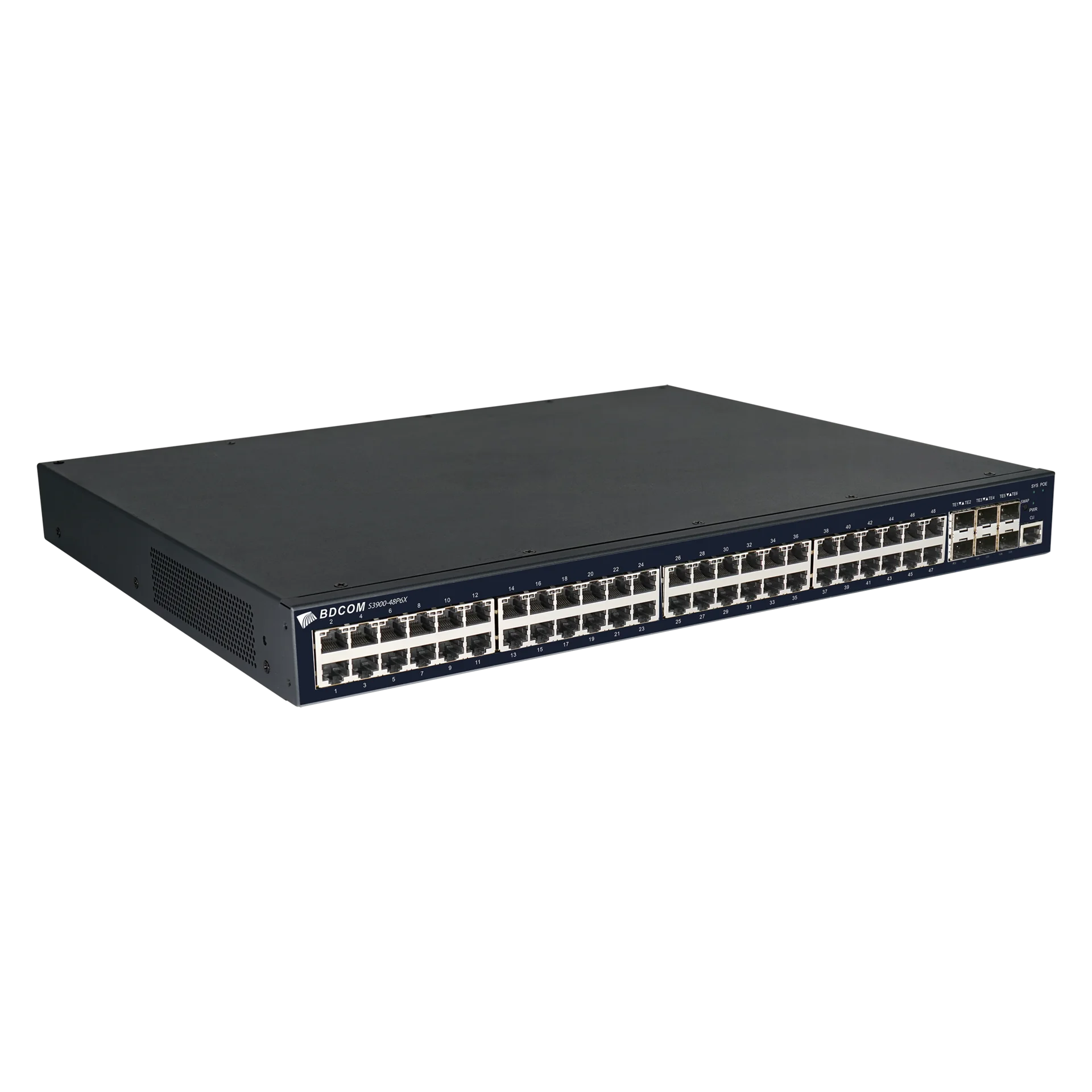 Управляемый PoE коммутатор уровня 3 BDCOM S3900-48P6X, 48x 10/100/1000BaseT PoE 802.3af/at до 740W, 6x 1/10GE SFP+, Hot Swap БП 1+1