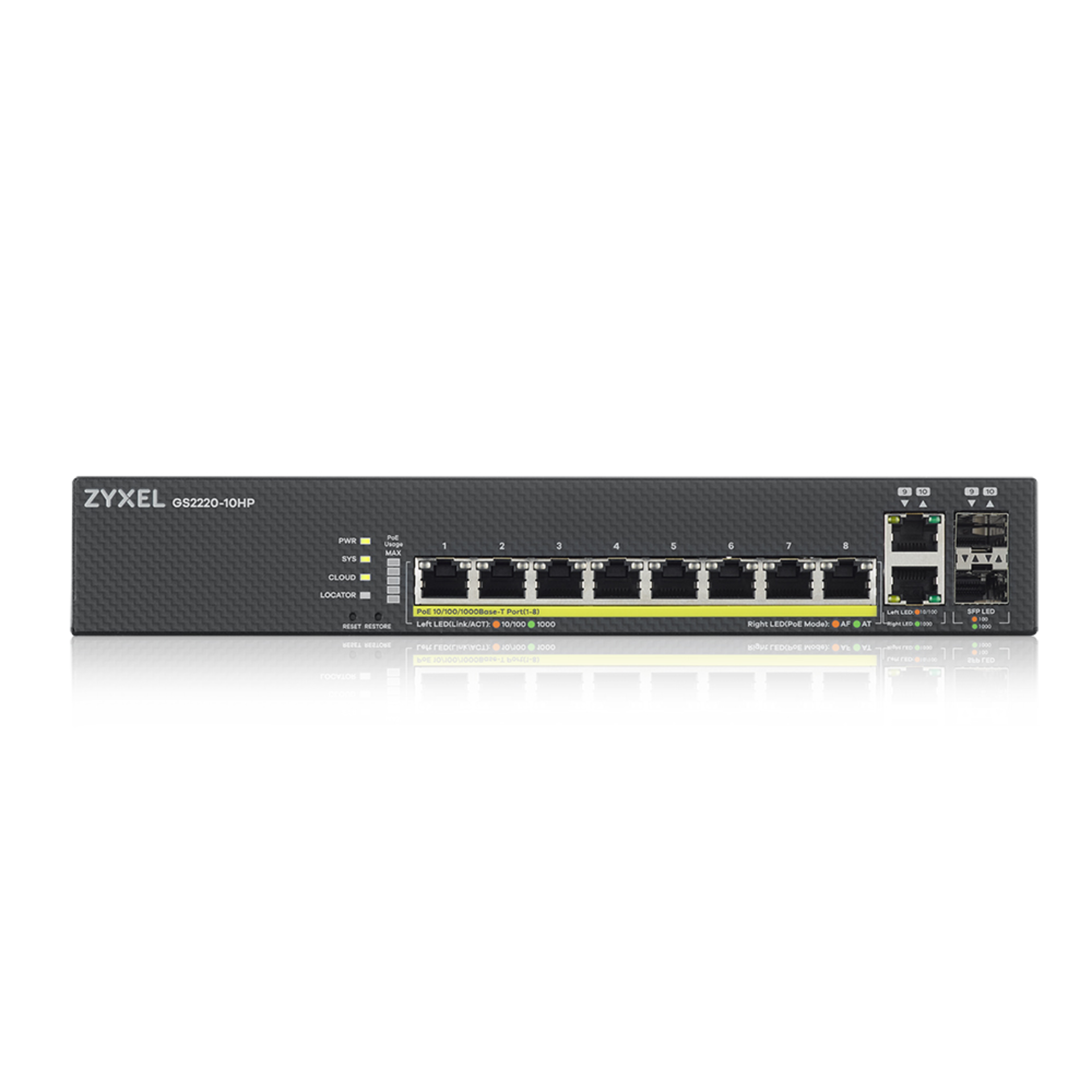 Коммутатор ZYXEL NebulaFlex Pro GS2220-10HP Hybrid L2 PoE+ Switch, 19 "rack, 8xGE PoE+, 2xCombo (SFP / RJ-45), 180W PoE Budget, Standalone / Cloud Man