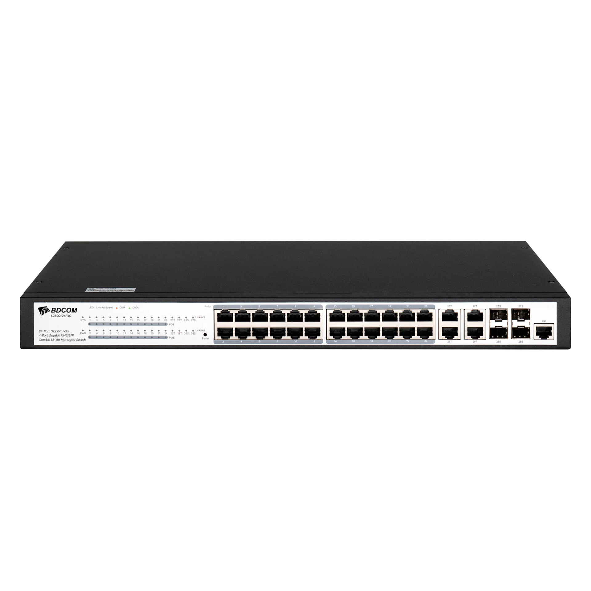 Управляемый PoE коммутатор уровня 2 BDCOM S2500-24P4C, 24x 10/100/1000Base-T PoE 802.3af/at до 370W, 4x combo 1G SFP/RJ45, 220V AC