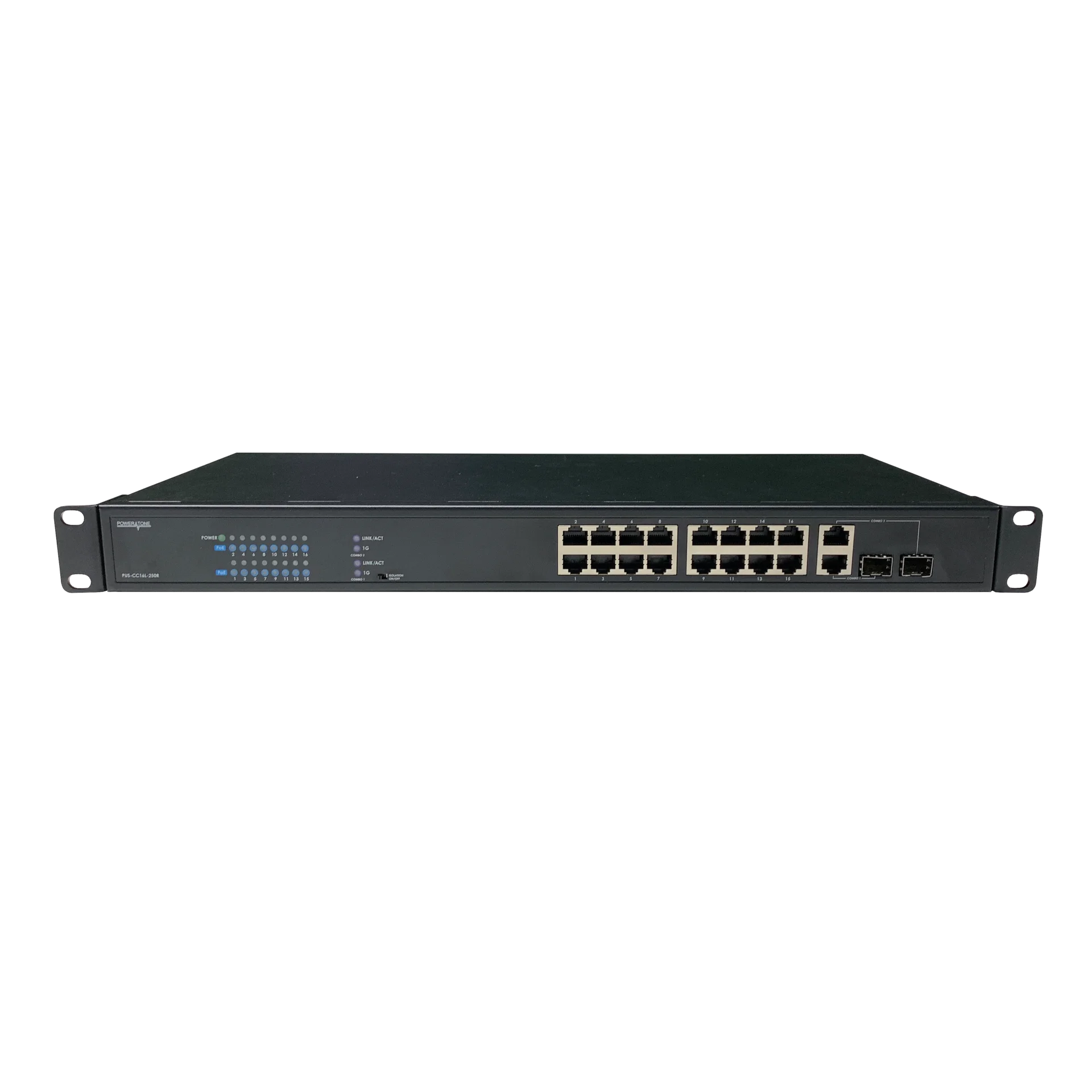 Неуправляемый стоечный 16 портовый PoE коммутатор POWERTONE PUS-CC16L-250R с изоляцией портов
