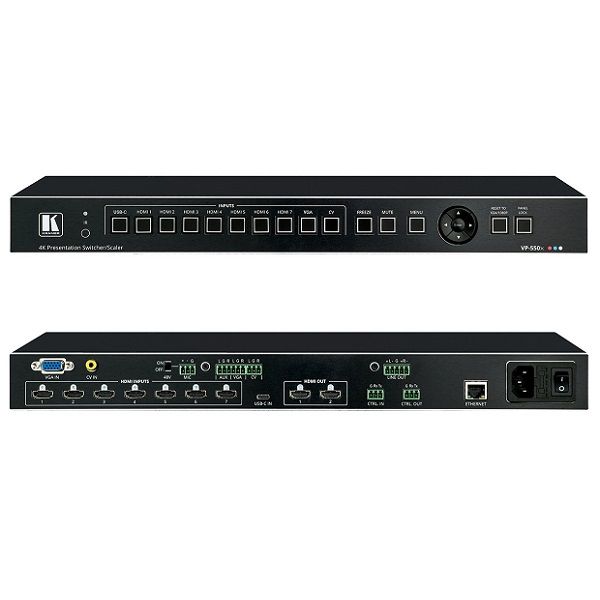 Масштабатор HDMI / VGA / CV / USB-C в HDMI с эмбедированием и деэмбедированием аудио; поддержка 4К60 4:4:4, микшируемый микрофонный вход, два параллельных выхода HDMI Kramer Electronics VP-550X