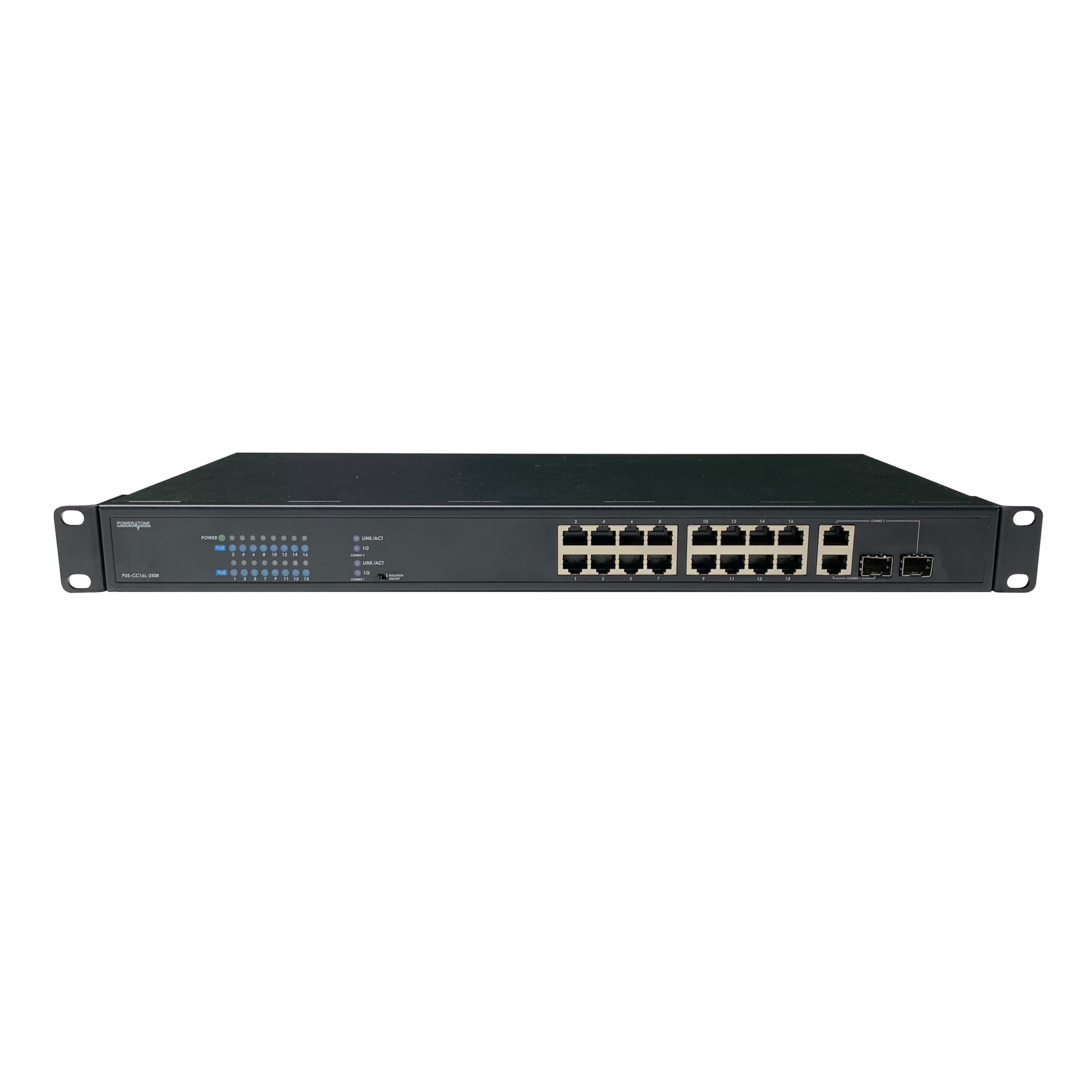 Неуправляемый стоечный 16 портовый PoE коммутатор POWERTONE PUS-CC16L-250R с изоляцией портов