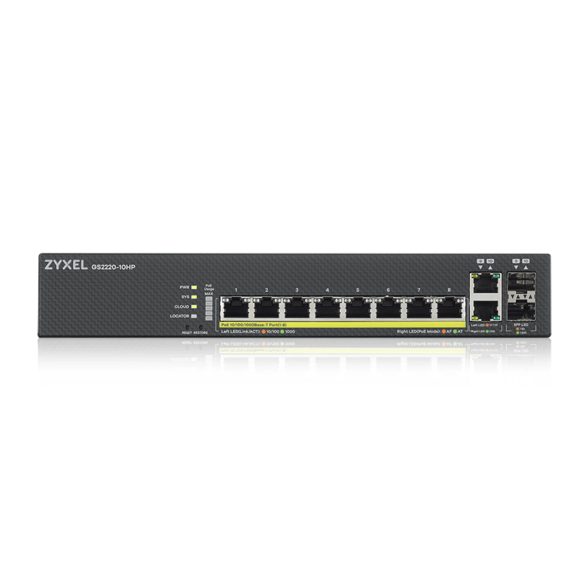 Коммутатор ZYXEL NebulaFlex Pro GS2220-10HP Hybrid L2 PoE+ Switch, 19 "rack, 8xGE PoE+, 2xCombo (SFP / RJ-45), 180W PoE Budget, Standalone / Cloud Man