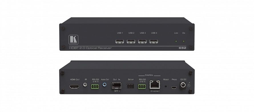 Приемник сигнала HDMI и RS-232 по волоконно-оптическому кабелю для модулей SFP. Для работы требуются модули OSP-MM1 или OSP-SM10; поддержка 4К60 4:4:4 Kramer Electronics 676R