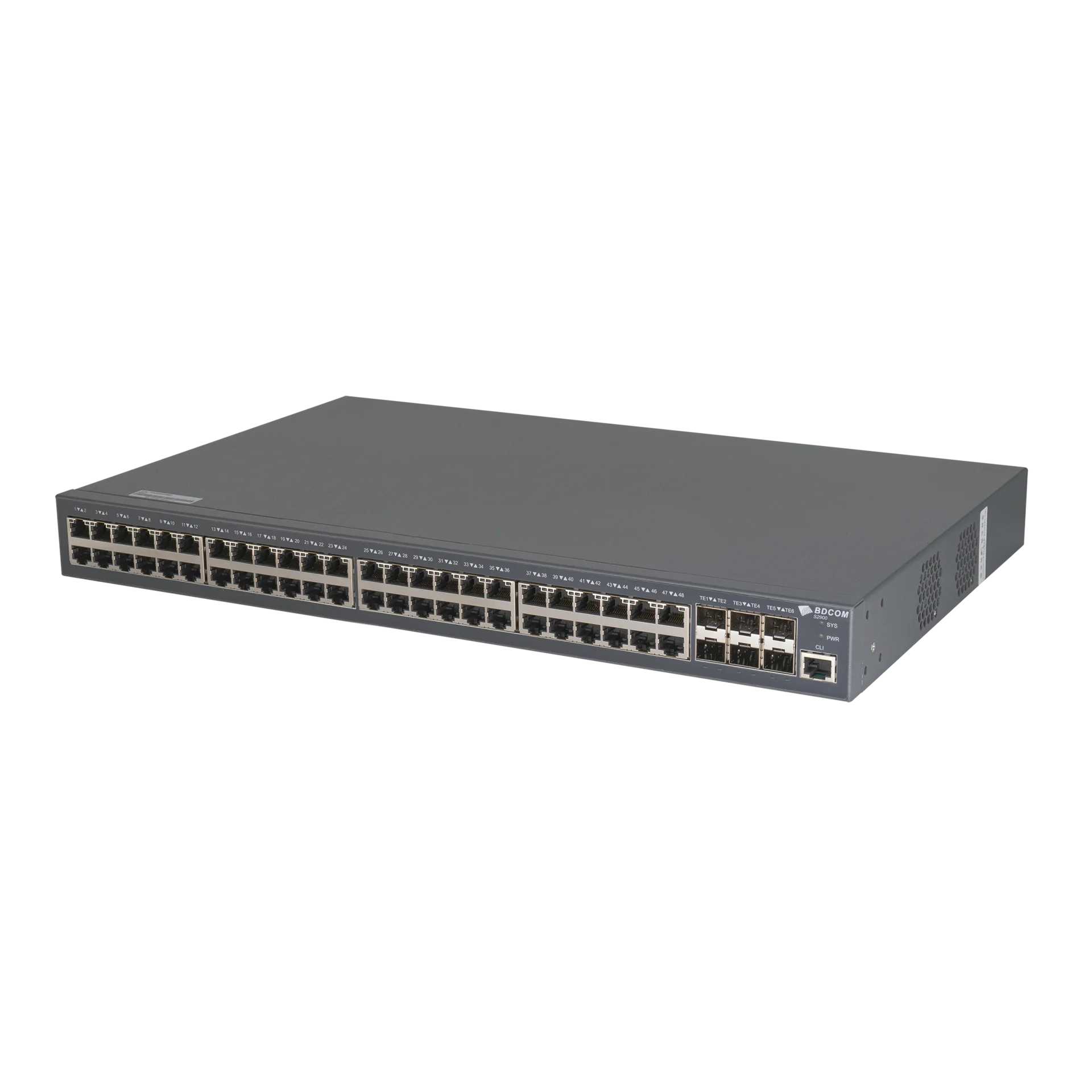 Управляемый коммутатор уровня 3 BDCOM S2900-48P6X, 48x 10/100/1000BaseT PoE 802.3af/at до 740W, 4x 1/10GE SFP+, 220VAC + 44-57VDC