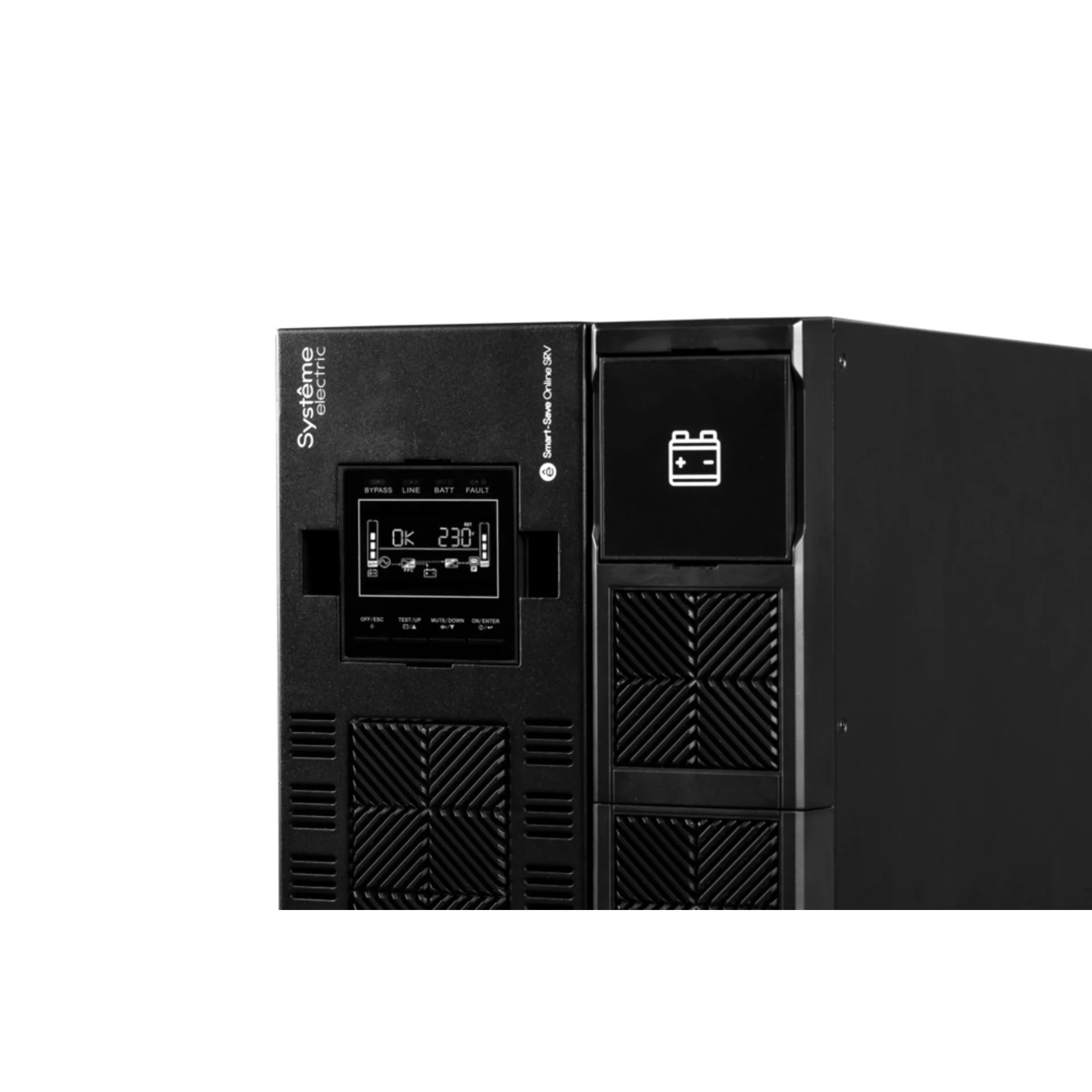 Smart-Save Online SRV Systeme Electric 10000 ВА, монтаж в стойку 5U, 230 В, 1:1, клеммный вход/выход, SmartSlot, LCD, USB, версия с возможностью увели