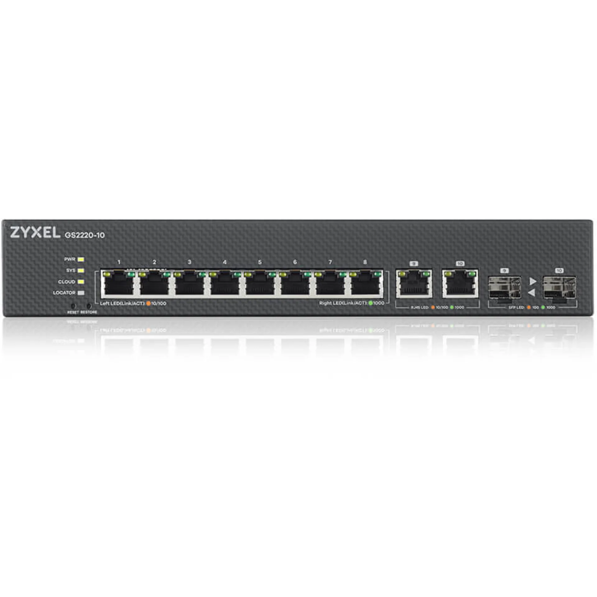 Коммутатор ZYXEL NebulaFlex Pro GS2220-10 Hybrid L2 Switch, rack 19 ", 8xGE, 2xCombo (SFP / RJ-45), silent, standalone / cloud management