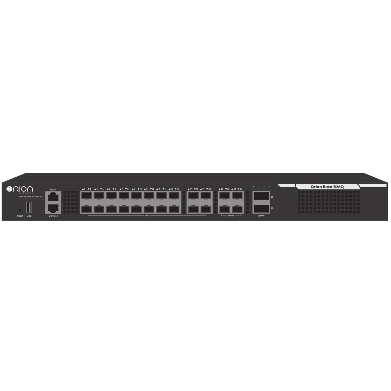 Управляемый коммутатор уровня 3 Orion Beta B26Q, 20x 1/10GE SFP+, 4x 10/25GE SFP28, 2x 40GE QSFP+, 2 слота для Hot Swap БП 100-240VAC B26Q-PSU-AC