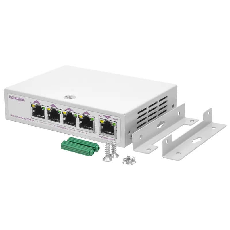 PoE коммутатор/удлинитель интерфейса Ethernet 10/100/1000Mbs PEXT 1/4. 4 PoE выхода, 1 PoE вход, совм. с 802.3af/at, до -40С (после сервиса)