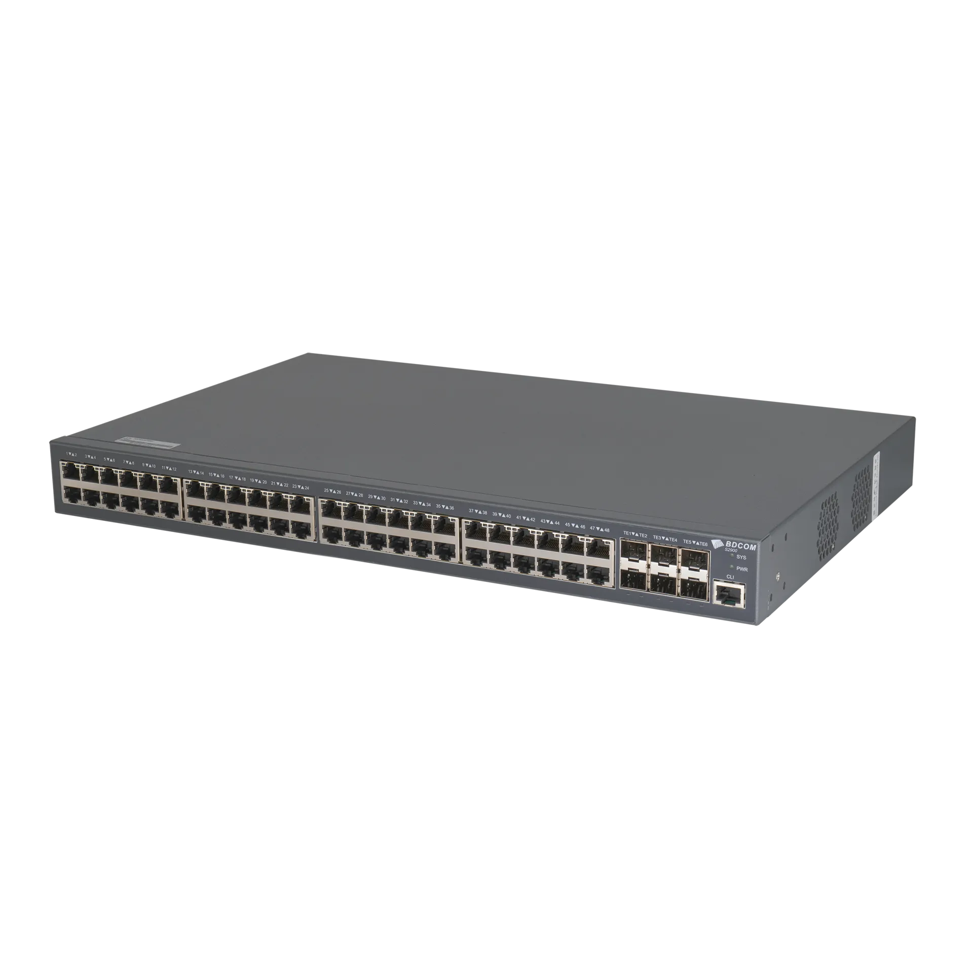 Управляемый коммутатор уровня 3 BDCOM S2900-48P6X, 48x 10/100/1000BaseT PoE 802.3af/at до 740W, 4x 1/10GE SFP+, 220VAC + 44-57VDC