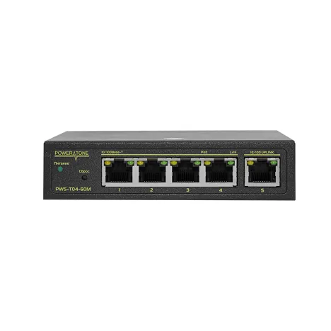 PoE коммутатор POWERTONE Web Smart PWS-T04-60M, 4x10/100BASE-TX PoE 802.3af&at + 1x10/100BASE-TX, внешний БП 60Вт