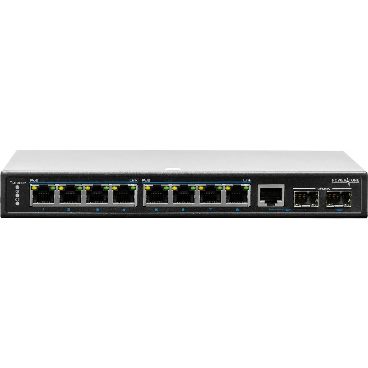 PoE коммутатор неуправляемый POWERTONE PUS-CS08L-115M, 8x10/100BASE-TX 802.3af&at + 1xGb Combo + 1x1000BASE-X, c изол. портов, PoE бюджет 115Вт, до 30Вт на порт