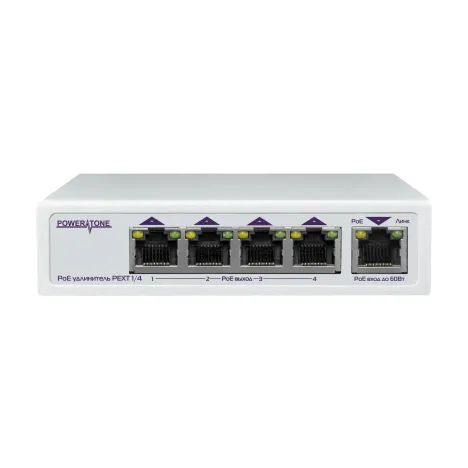PoE коммутатор/удлинитель интерфейса Ethernet 10/100/1000Mbs PEXT 1/4. 4 PoE выхода, 1 PoE вход, совм. с 802.3af/at, до -40С (после сервиса)
