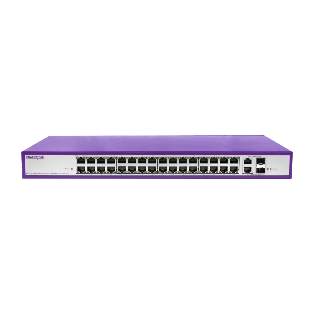 PoE коммутатор стоечный неуправляемый POWERTONE PUS-CC32-450R, 32x10/100BASE-TX 802.3af&at + 2xGb Combo (SFP порт только 1000BASE-X), PoE бюджет 450Вт