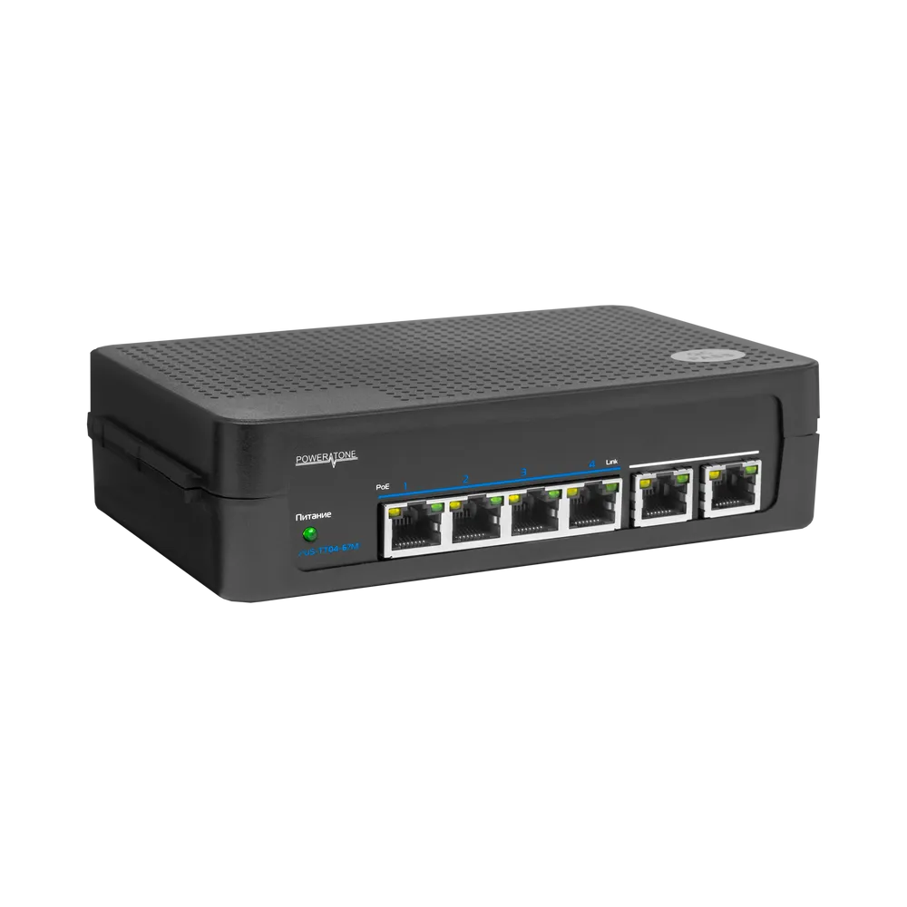 PoE коммутатор неуправляемый PUS-TT04-67M, 4x10/100BASE-TX 802.3af&at + 2x10/100BASE-TX, PoE бюджет 67Вт, до 30Вт на порт