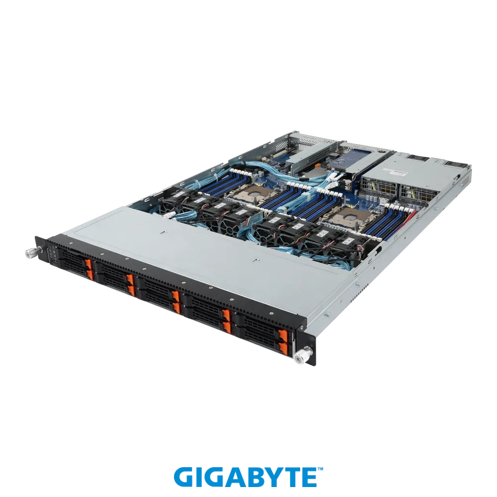 Платформа Gigabyte 1U R181-NA0, До двух процессоров Intel  Xeon Scalable Gen2, DDR4, 10x2,5" U.2 NVMe, 2x1000Base-T