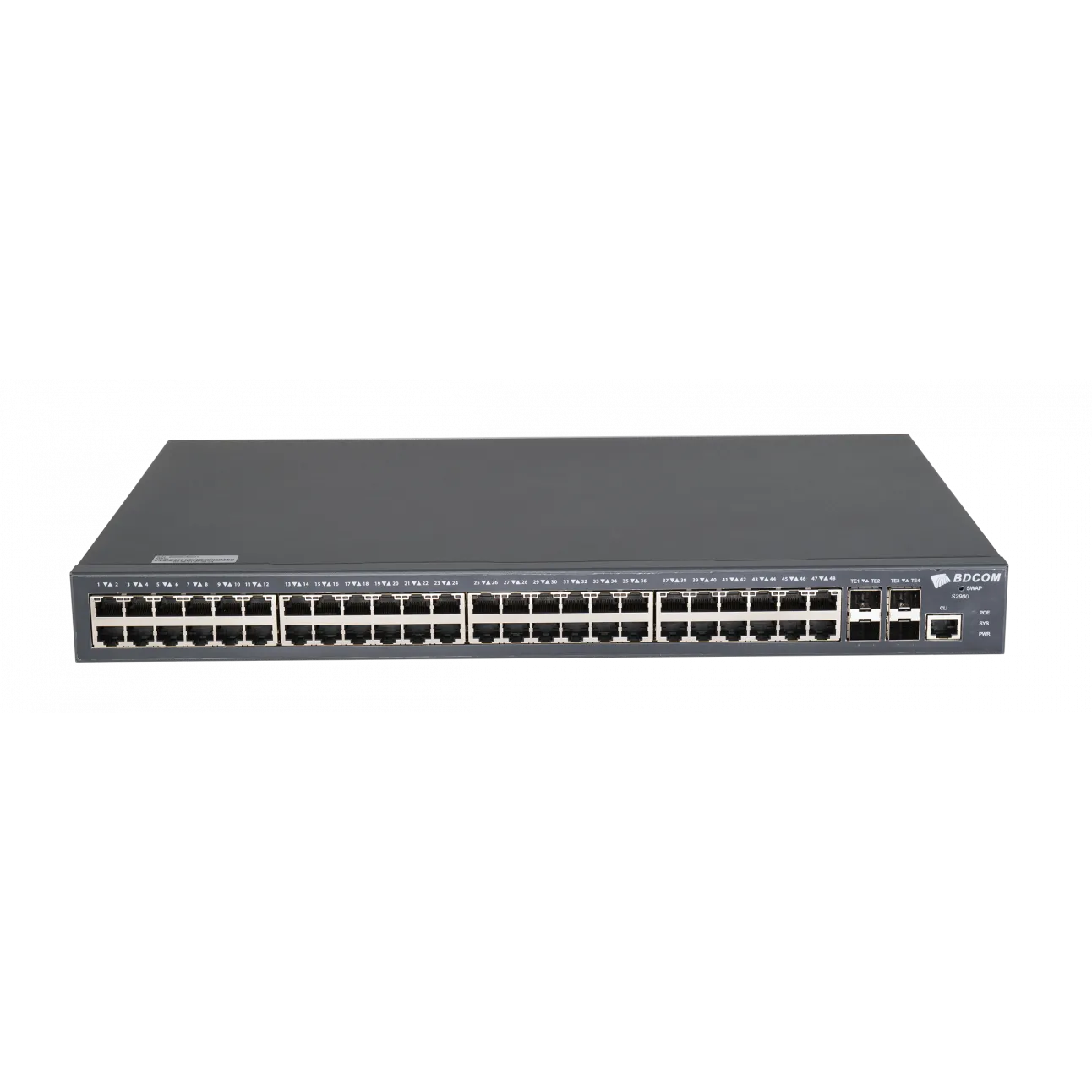 Управляемый коммутатор уровня 3 BDCOM S2900-48P6X, 48x 10/100/1000BaseT PoE 802.3af/at до 740W, 4x 1/10GE SFP+, 220VAC + 44-57VDC