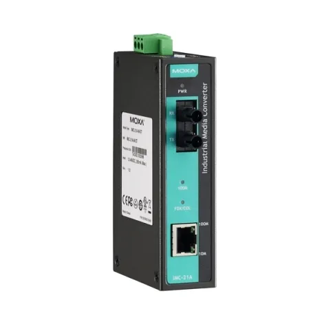 Медиаконвертер Ethernet 10/100BaseTX в 100BaseFX (многомодовое оптоволокно) в металлическом корпусе с расширенным диапазоном температур MOXA