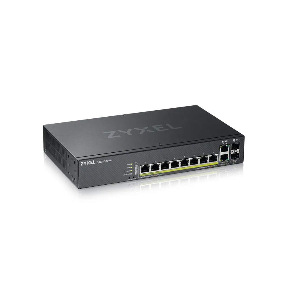 Коммутатор ZYXEL NebulaFlex Pro GS2220-10HP Hybrid L2 PoE+ Switch, 19 "rack, 8xGE PoE+, 2xCombo (SFP / RJ-45), 180W PoE Budget, Standalone / Cloud Man